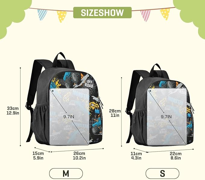 Monster Truck Toddler Backpack Waterproof Mini Backpack Boys/Girls Cute Small Kindergarten Pre School Bag
