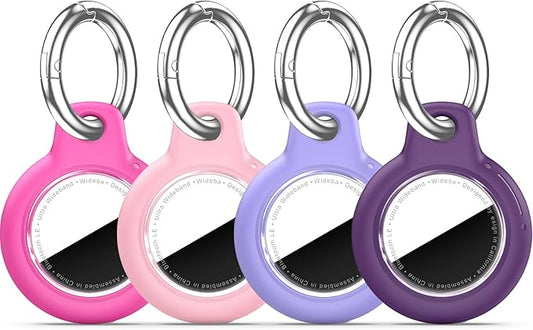 Upgrade Waterproof 4 Pack Airtags Holder with Apple Airtags Keychain, Hard PC Air Tag Case, Anti-Scratch & Shock Air tag Holder, Men's Women's Keyrings & Keychains -Rose Red+Pink+Purple+Dark Purple