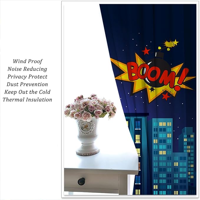 Superhero Rod Pocket Blackout Curtains for Boy Girl Bedroom, Cartoon Skyline Buildings Cityscape Home Energy Efficient Light Filtering Window Curtain for Living Room, 63x63 inch