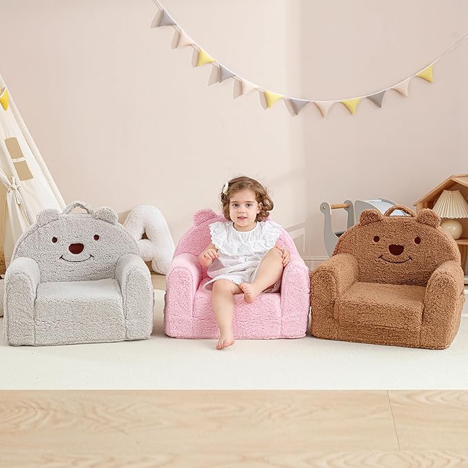 Toddler Chair,Sherpa Bear Kids Chair,Toddler Couch Fold Out,Children Reading Chair,Flip Out Kids Couch,Toddler Sofa Convertible for Age 1-3(Pink Bear)