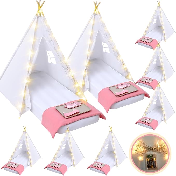 Windyun 8 Pack Kids Teepee Tent for Slumber Party with Mattress,Light String,Airbed Fitted Sheet,Sleepover Tent for Girls Boys Party,Kids Play Playhouse Indoor Outdoor(White)