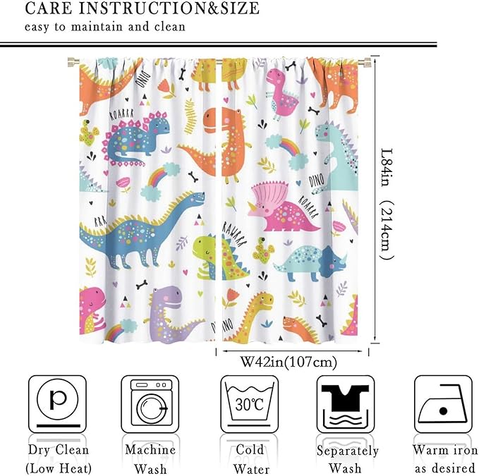 Cartoon Dinosaur Curtains for Kids Boys Girls Home Decor Childish Cute Dino Animals Print Pattern Rod Pocket Blackout Window Drapes for Nursery Baby Bedroom Playroom W42xL84in 2 Panels