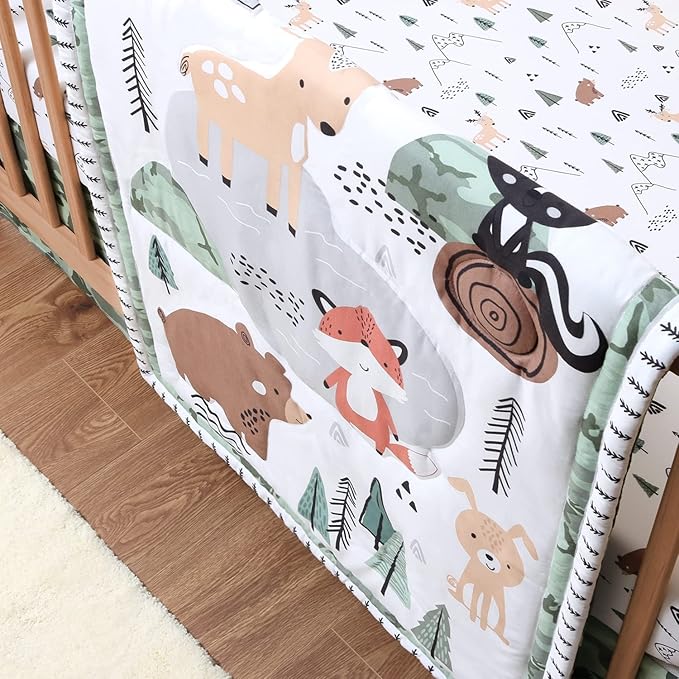 The Peanutshell 3 Piece Baby Crib Bedding Set for Boys - Newborn, Infant & Toddler Nursery Bed Set Decor with Fitted Crib Sheet, Dust Ruffle Comforter - Woodland Camo