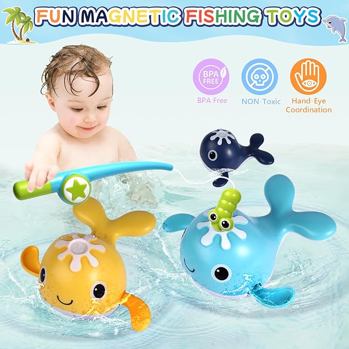 Baby Bath Toys Set, Wind Up Pool Toys for Toddlers 1-3, Kids Magnetic Fishing Toys with 1 Fishing Rod & 1 Net & 4 Brightly Colored Whales, Boys and Girls Birthday Gifts