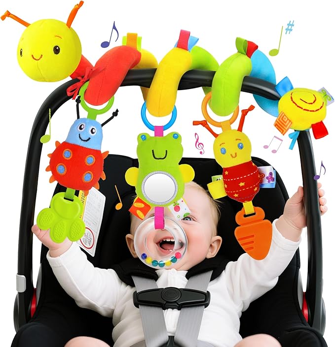 Spiral Car Seat Toys for Infants, 0-6 Months Carseat & Stroller Pram Separable Activity Hanging Toys with Rattle, Teethers, Newborn Soft Plush Travel Toy for Boys Girls Essentials Gifts