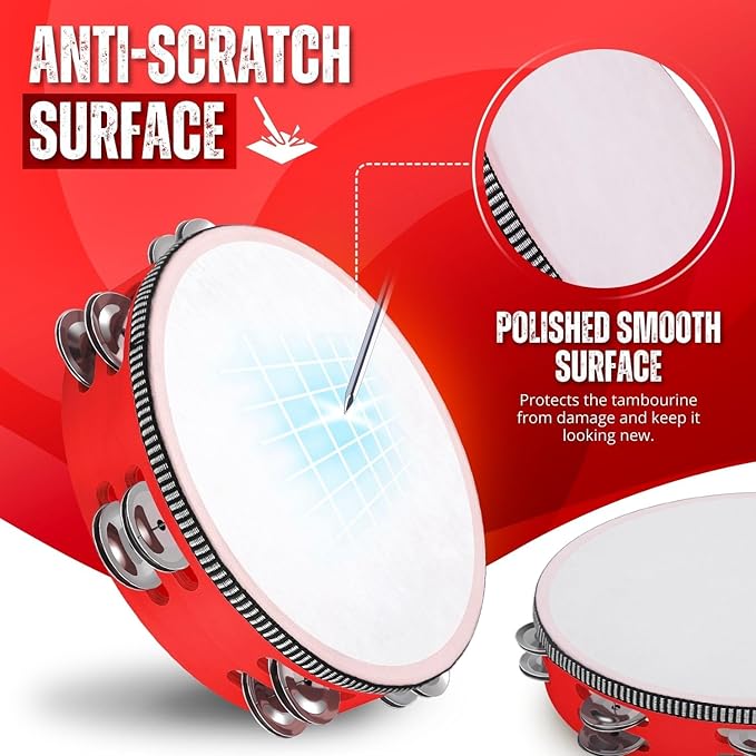 Flexzion Wood Handheld Tambourine for Kids - 8 & 6 Inch Set of 2 Pack, Double Row 12 Pair Metal Jingles, Percussion Drum Moon Musical Instrument (Red)