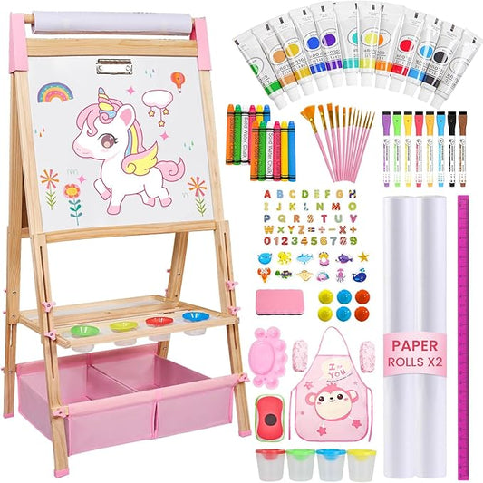 Easel for Kids,Adjustable Wooden Art Easel for Kids,119+ Art Supplies,Double Sided Magnetic Chalkboard and White Board Whit Storage Basket,Drawing and Painting for Aged 2-4,5-7,8-12,2 Paper Rolls