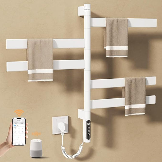 ENZE Smart Rotating Heated Towel Rack for Bathroom, Wall-Mounted Electric Towel Dryer with Swivel Bars, Smart Timer, Low Carbon Steel, IPX5, Plug-in/Hardwired, Towel Warmer with Wi-Fi App Control