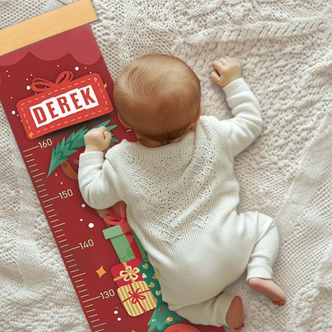 Personalize Name Baby Height Growth Chart, Christmas Theme Canvas&Wood Growth Chart for Wall Room Nursery Decor, Waterproof Measuring Wall Ruler, Wall Tape with Height Chart for Kids
