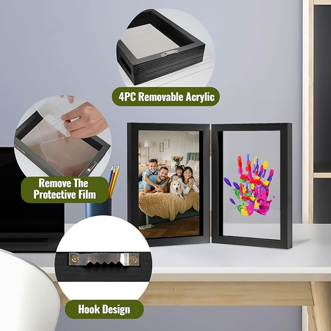 Family Handprint Kit, DIY Baby Hand and Footprint Handmade Keepsake Wooden Frame, Family Gifts with 5 Non-Toxic Baby-Safe Paint, Ideas Gift for New Parents, Grandparents, Father's Day, Mother's Day