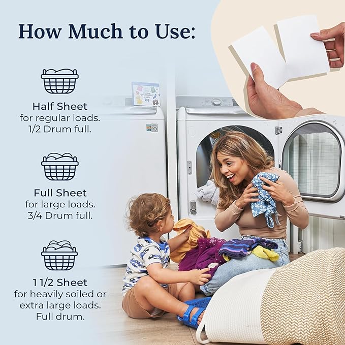 Miss Mouth's Messy Eater Laundry Detergent Sheets - Laundry Detergent, Hypoallergenic, Sensitive Skin Safe, Pediatrician and Dermatologist Tested, Fragrance Free, Travel Friendly, 120 loads