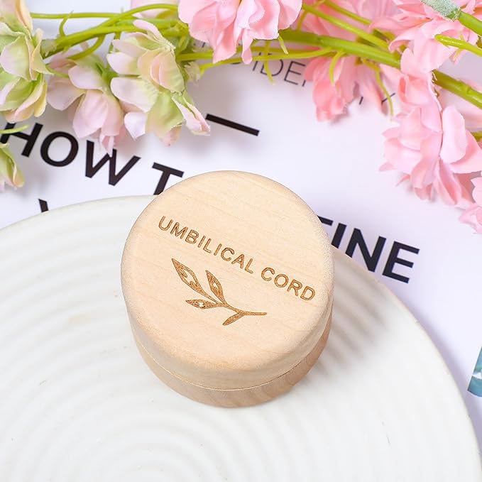 Umbilical Cord Memorial Box Engraved Wooden Round Newborn Wood Case Baby Keepsake Tooth Box Fetal Hair Memorial Storage Container Carved Baby Fetal Hair Case for Babys Shower Pregnancy Christen Gift