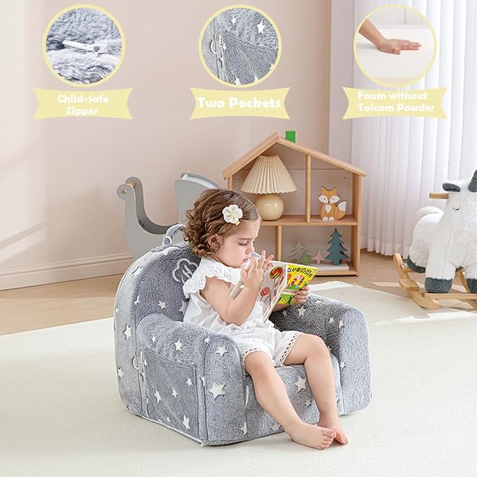 Toddler Chair Comfy,Toddler Couch Fold Out, 2-in-1 Kids Chair,Flip Out Kids Couch,Toddler Sofa Convertible,Children Reading Chair for Age 1-3(Grey Star)