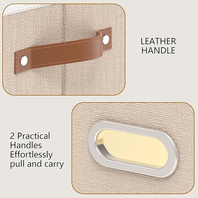 Yawinhe Fabric Storage Bins with Handles, Foldable Baskets for Shelves, Cubes with 3 Handles, Large Boxes for Clothes, Beige, 16.9''Lx11.8''Wx10.2''H, 6-Pack