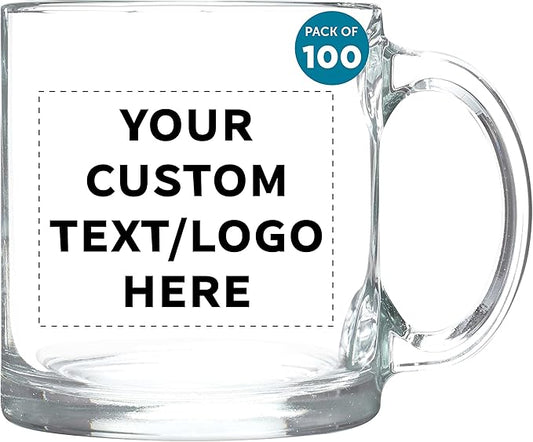 Custom Libbey Clear Glass Coffee Mugs 13 oz. Set of 100, Personalized Bulk Pack - Perfect for Coffee, Tea, Espresso, Hot Cocoa, Other Beverages - Clear Bottom