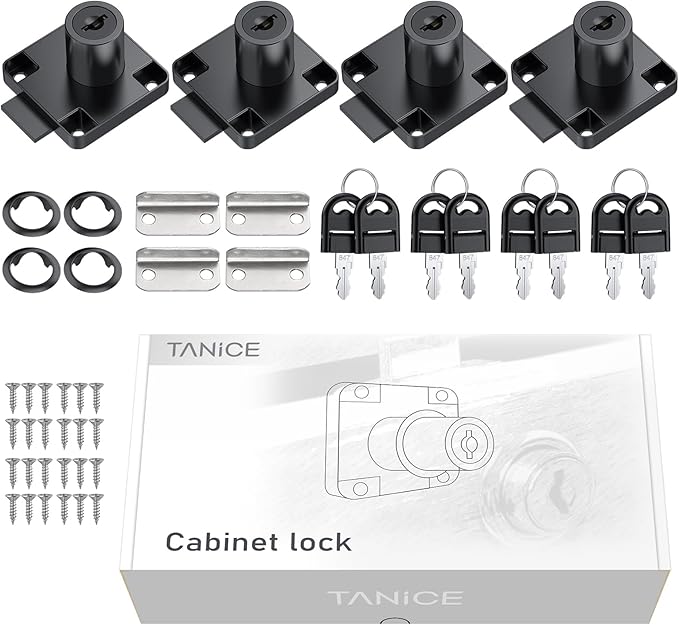 Tanice 4 Pack Furniture Lock Zinc Alloy Cam Security Lock Keyed Alike Cylinder Cupboard Drawer Lock with 8 Keys for Door Cabinet Mailbox Drawer Cupboard Household Office, Black