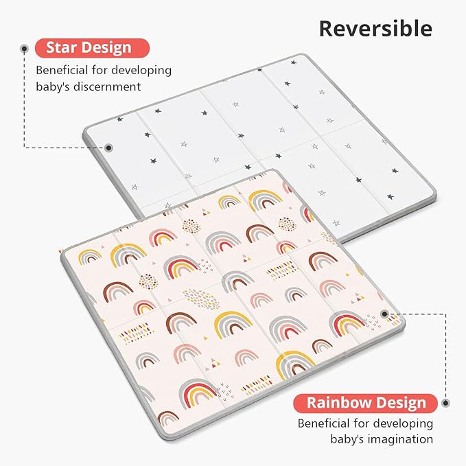 Foldable Baby Play Mat, PIGLOG 50x50 Playpen Mat, Waterproof Playmats for Babies and Toddlers Kids, Safe Foam Playmat for Tummy Time, Reversible Portable Baby Floor Mat for Infant, Colorful+Rain