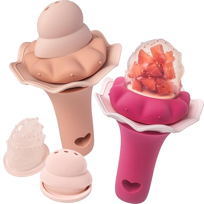 Moonkie Baby Fruit Feeder, BPA Free Silicone Food Feeder for Infant Self Feeding, Mesh Feeder with Two Pouches, Baby Shower Gifts 4 Months+, 2 Pack