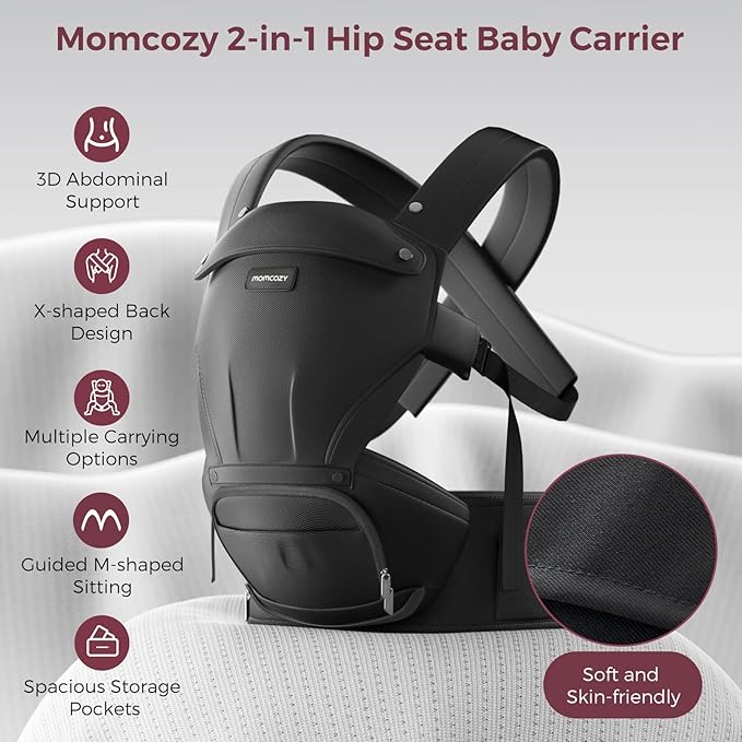 Momcozy Baby Carrier with Hip Seat, 2-in-1 Forward-Facing Carry for Active Babies, Detachable Hands-Free Infant Carrier up to 44lbs, All Seasons Toddler Carrier Fits Waist Sizes up to 45 Inches, Black
