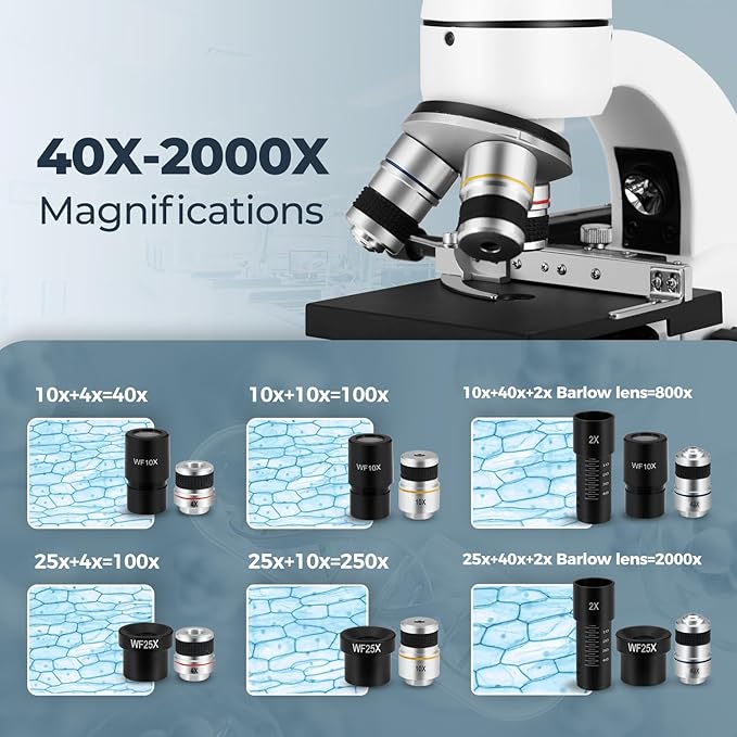 ESAKO 40-2000X Microscope for Kids Students Adults, with Mechanical Stage, Carry Bag & Slides Set Metal Body Microscope for Science Education School Laboratory