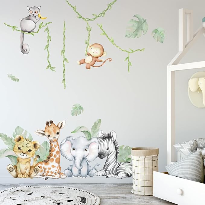 59.05x53.14 Inch Woodland Animals Wall Decals - Forest Animal Wall Decal with Elephant, Zebra, Monkey, Giraffe - Nursery Decor for Home, Baby Room, Boys & Girls Bedroom Art