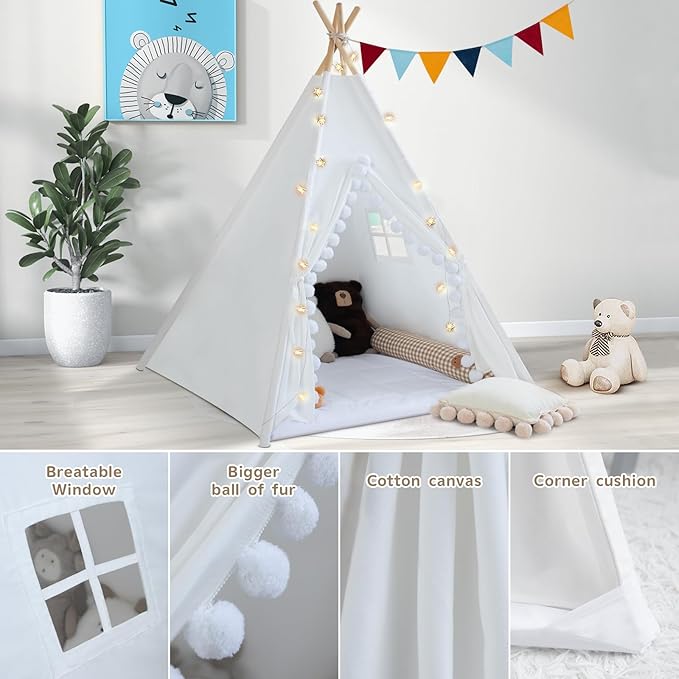 Teepee Tent for Kids with Padded Mat Cotton Canvas Kids Teepee with Pompom for Toddlers Indoor Play Tent for Girls Boys with Stars Lights, Carry Bag, Banner Flag (Snowman)