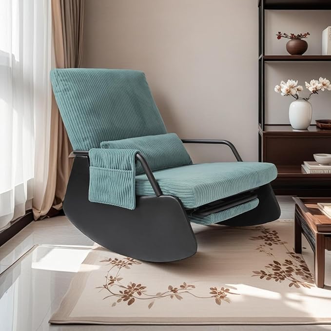 Rocking Chair for Nursery, Modern Upholstered Plush Seating Glider Recliner Chair with High Backrest and Side Pocket, Accent Armchair with Cushions for Living Room/Reading (Cyan Blue)