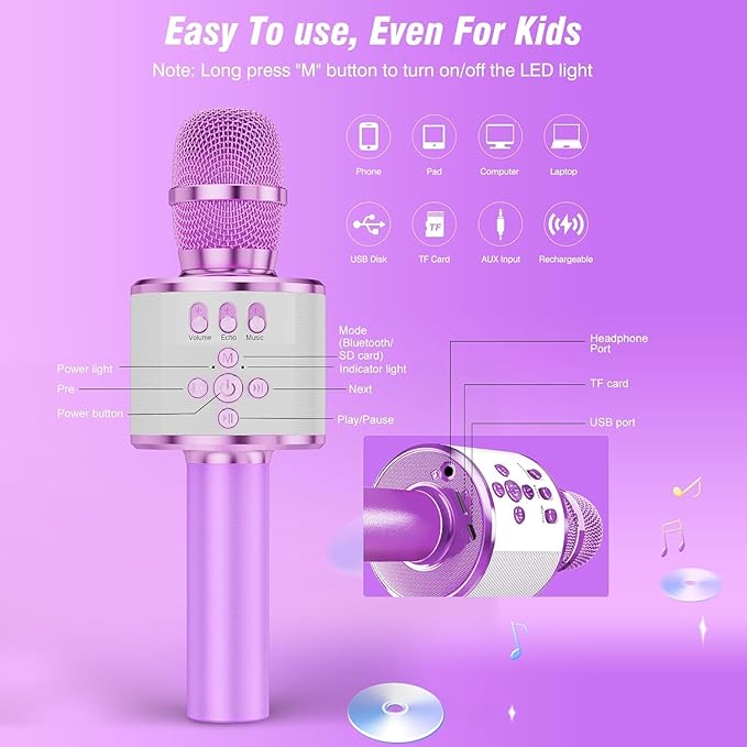 BONAOK Karaoke Microphone for Kids & Adults - Bluetooth Microphones Singing Mic with Disco Lights, Echo Effect, Built-in Speaker Portable Karaoke Player for Party Travel Gifts Q78(Light Purple)