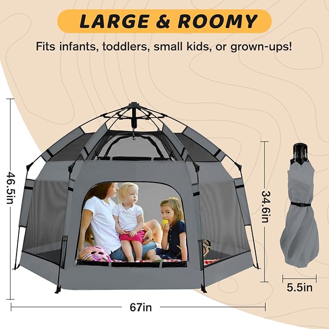 Pop Up Playpen for Babies with Canopy & Safety Lock - Outdoor Baby Playpen with 6 Ground Stakes & 6 Sand Stakes, UV Protection & Carry Bag, Instant Beach Tent for Indoor/Outdoor Use（Grey）