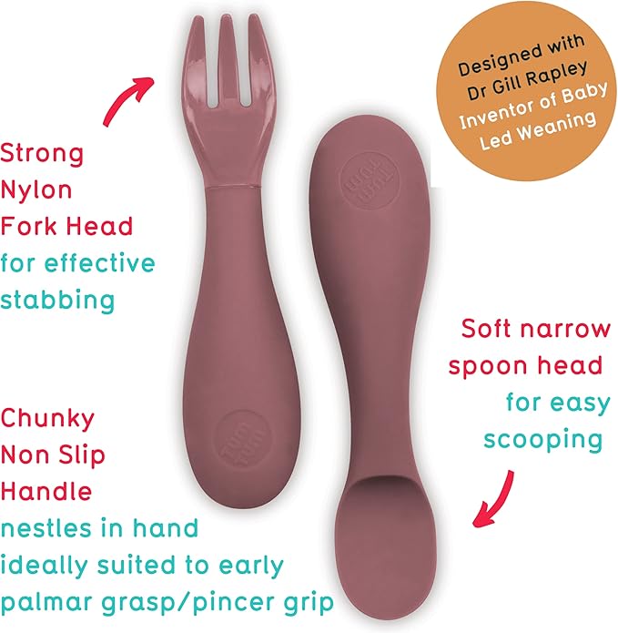 Baby Cutlery with Case - Baby Spoon & Fork Set, Self Feeding Cutlery, Silicone, 6+ Months, Pink