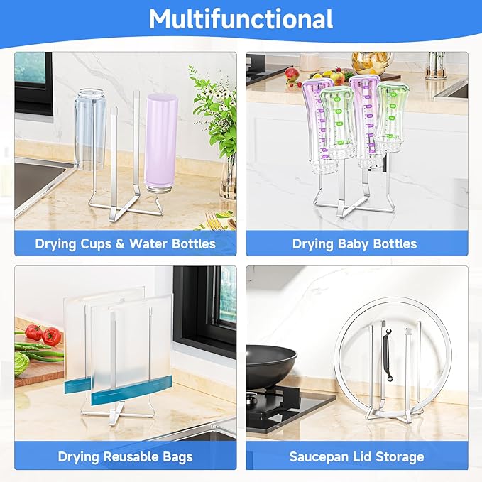 Water Bottle Drying Rack, Stainless Steel Baby Bottle Drying Rack, Collapsible Bottles Dryer Rack, Cup Rack Dryer for Water Bottles, Multifunctional Draining Rack for Sport Bottle, Reusable Bag