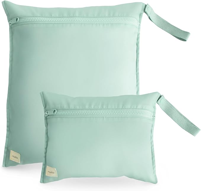 mushie Water Resistant Wet Bags | Large & Small Reusable Storage Bag for Baby Items and Travel | Zippered Pockets with Handle | Machine Washable, Set of 2 (Roman Green)