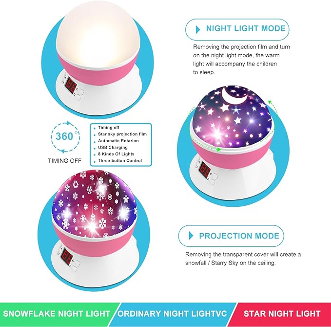 MOKOQI Snowflake Projector Night Light Indoor, Snowflake Nightlight with Timer, Star Lights Projector for Ceiling Kids Room Decor Gifts for 3-8 Year Old Girls Christmas Birthday Gift for Toddler