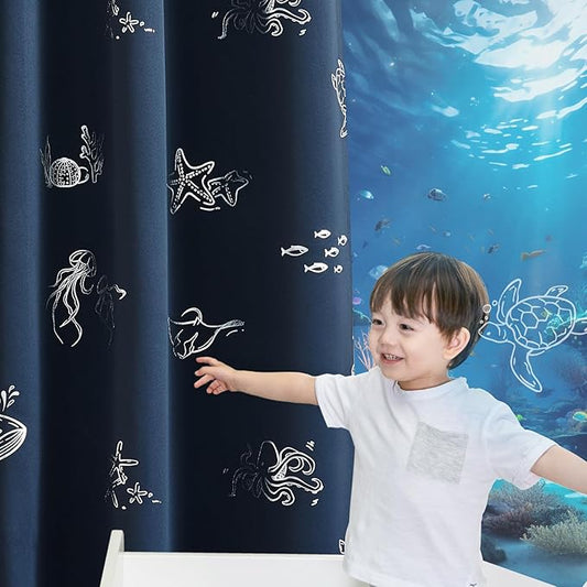 Vangao Kids Curtains for Boys Bedroom Kids Blackout Curtains 84 Inch Length Ocean Aquarium Nursery Drapes for Girls Bedroom Silver Sea Animals Print Thermal Insulated Drapes, Navy Blue 2 Panels