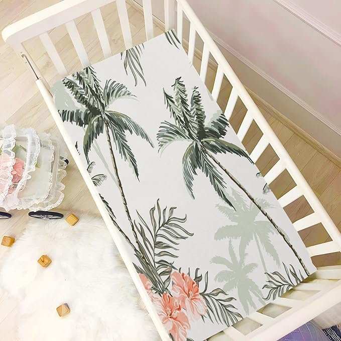 Tropical Vintage Palm Trees Crib Sheets for Boys and Girls, Fitted Baby Crib Sheets Soft and Breathable Mini Crib Sheets 39 X 27 X 5 Inches