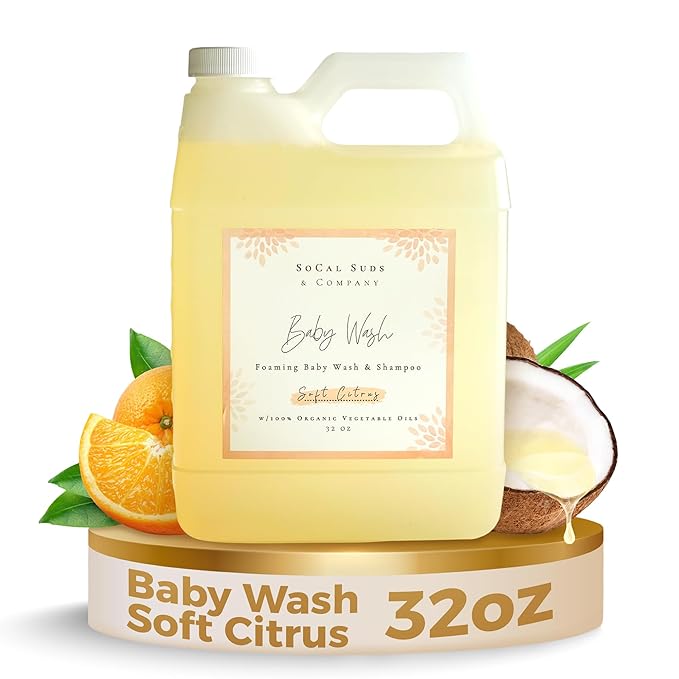 SoCal Suds & Company - 2-in-1 Organic Foaming Baby Shampoo & Body Wash Refill- Natural Botanical Castile Soap Baby Wash Sensitive Skin, Newborn Nourishing Soothing Ingredients - Soft Citrus, 32oz