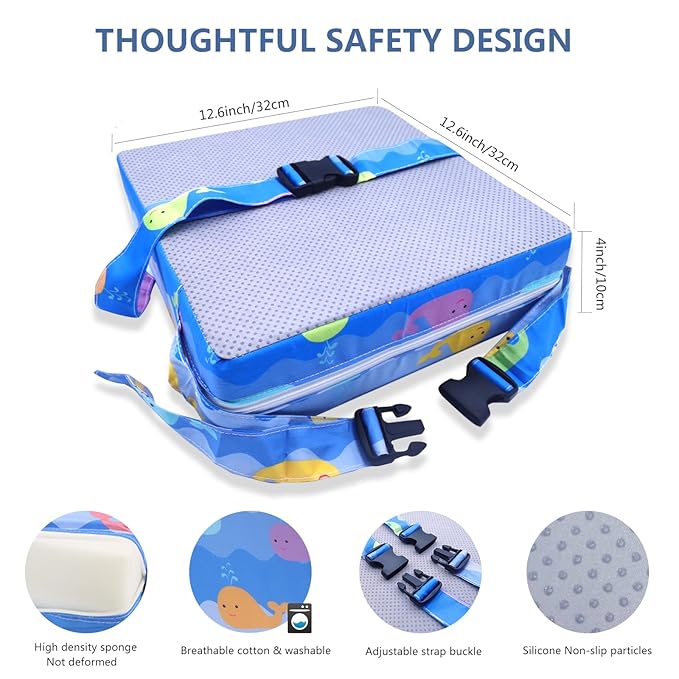 Toddler Booster Seat for Dining Table, 4inch Toddler Cushion, Portable Booster Seats Baby, Adjustable Kids Chair Heightening Booster, Washable Chair Seat Pad Mat for Kids. (Blue)