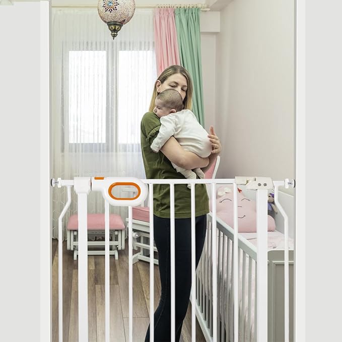 Baby Safety Gate for Stairs 29-33 Inch Wide, Safety House Gate for Baby Pet Gate with Door Pressure Mounting Gates for Kids Toddler Dogs Indoor Stairway Doorway White (30.5'' Tall)