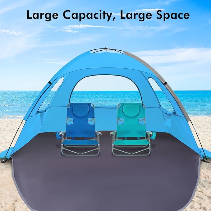 WhiteFang Beach Tent Anti-UV Portable Sun Shade Shelter for 3/4/6/8 Person, Extendable Floor with 3 Ventilating Mesh Windows Plus Carrying Bag, Stakes and Guy Lines