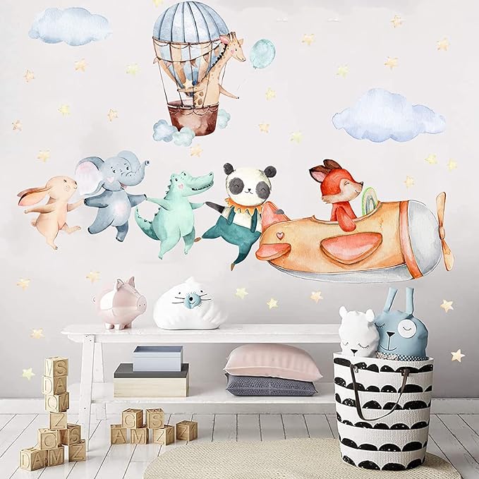 TOARTI Airplane Animal Wall Sticker, Colorful Baby Room Wall Sticker, Cartoon Animals for Children's Room, Adorable Elephant Giraffe Panda Wall Decal for Kids Bedroom Wall Decoration