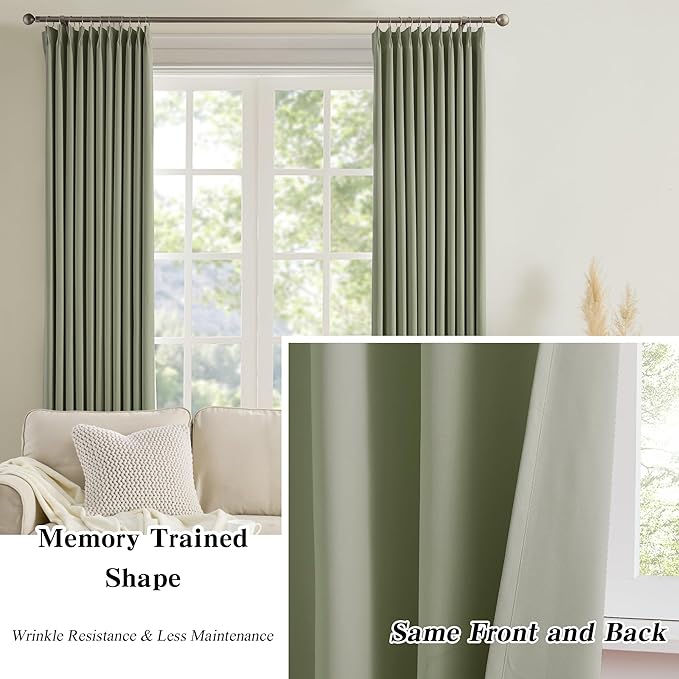 Sage Green Pinch Pleat Curtains 63 Inches Long Thermal Insulated Dark Black Out Short Drapery for Bedroom Light Blocking Window Covering Room Darkening Drapes for Living Room 40x63 2 Pieces