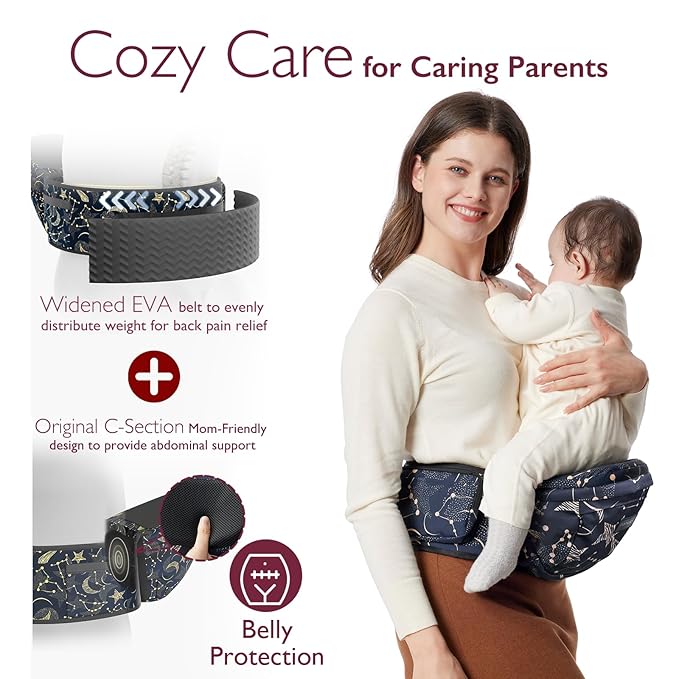 Momcozy Hip Seat Baby Carrier - Adjustable Waistband with Original 3D Belly Protector, Ergonomic Carrier with Various Pockets for Newborns & Toddlers up to 45lbs (Starry Sky, Medium)