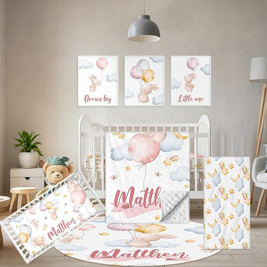 Personalized Baby Crib Bedding Set, 5 Pcs Custom Name Baby Crib Set with Double Layer Blanket, Soft Balloon Bunny Nursery Bedding Set for Girls Boys, Customized Gifts for Infants Toddlers