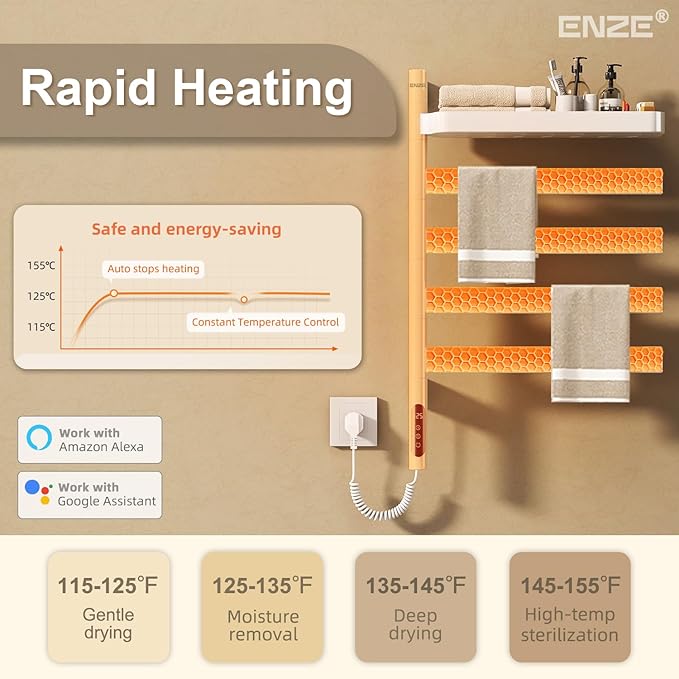 ENZE Smart Rotating Heated Towel Rack for Bathroom, Wall-Mounted Electric Towel Dryer with Swivel Bars & Shelf, Smart Timer, Low Carbon Steel, Plug-in/Hardwired, Towel Warmer with Wi-Fi App Control