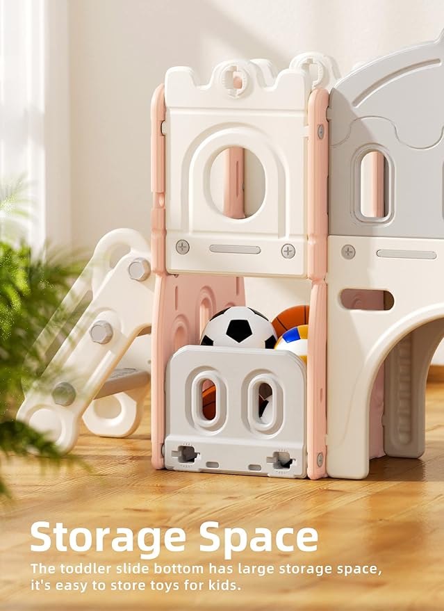 XJD 7 in 1 Toddler Slide Set, Kids Slide for Toddlers Age 1+, Toddler Climber Slide PlaySet with Basketball Hoop and Ball,Outdoor Indoor Playground for Toddlers 1-3 (Pink)