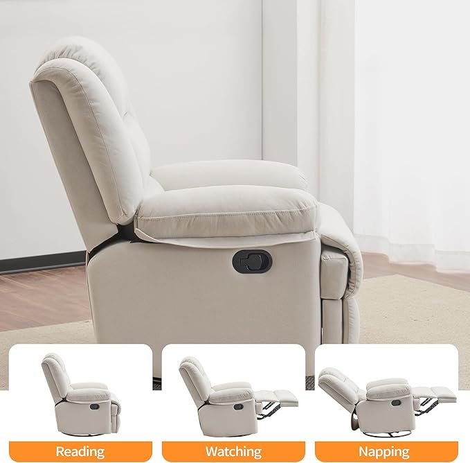 Swivel Rocking Recliner Chair for Adults, Overstuffed Manual Glider Rocker Recliner Chairs, Upholstered Reclining Single Sofa for Living Room Nursery (Beige)