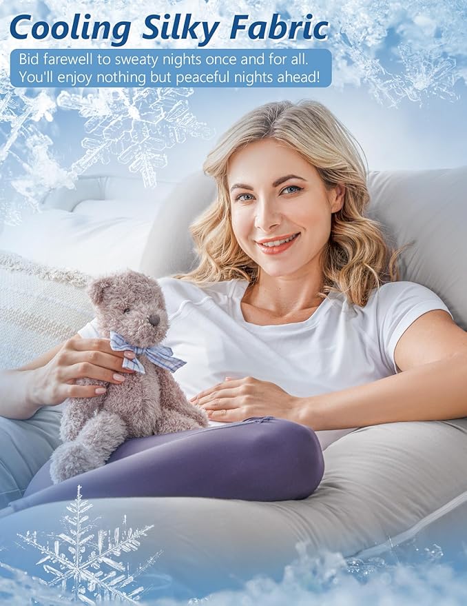 Meiz Pregnancy Pillow, Cooling Silky Pregnancy Pillows for Sleeping, Maternity Body Pillow for Pregnant Woman with Cooling Silk Jersey Cover, Light Grey