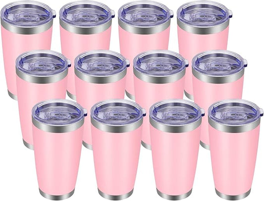VEGOND 20oz Tumbler with Lid and Straw Stainless Steel Tumbler Cup Bulk Vacuum Insulated Double Wall Travel Coffee Mug Powder Coated Coffee Cup(Pink 12 Pack