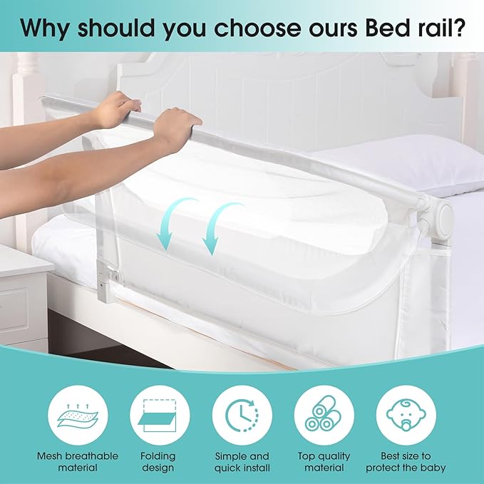 Baby Bed Rail Guard for Toddlers -59" Toddler Bed Rails for Twin, Full, Queen, King Bunk Size Bed Swing Down Bedrail Extral Tall Child Safety Side Railing Guards for Kids White