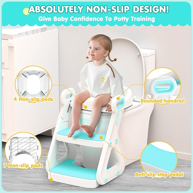 Gimars Upgrade Ultra-Stable 2 In 1 Multifunctional Toddler Potty Seat For Toilet with Setp Stool, Potty Traning Toilet For Boys Girls With Widened Ladder,Comfortable Safe Potty Seat With Handrail,Aqua